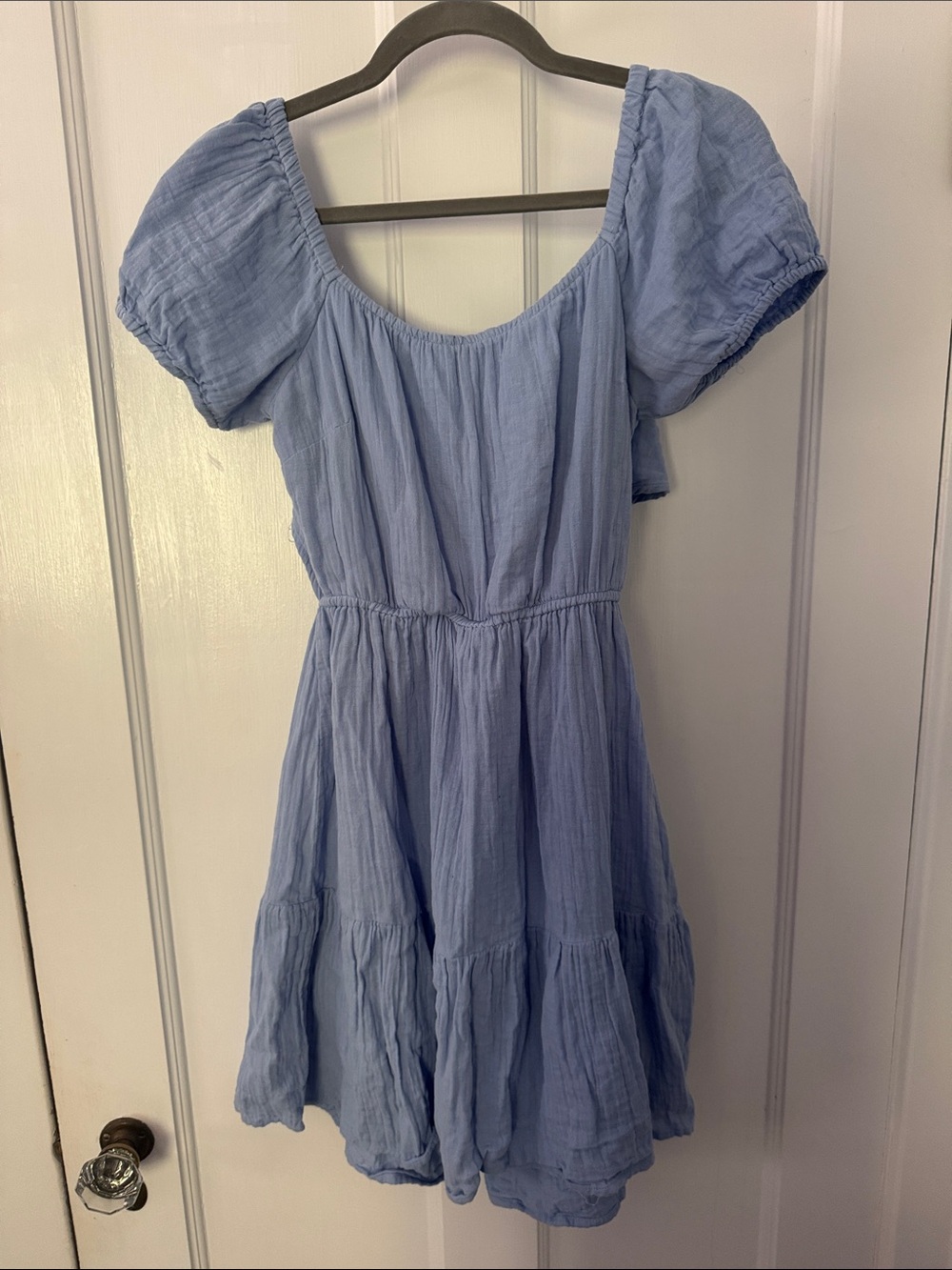 Japna Light Blue Puff-Sleeve Tiered Casual Dress